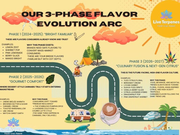 2026–2027 cannabis flavor roadmap showing citrus, ube, matcha, and yuzu-inspired terpene trends.