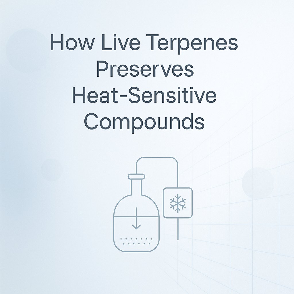 Minimal distillation line-art graphic representing low-temperature extraction to preserve heat-sensitive terpene compounds.