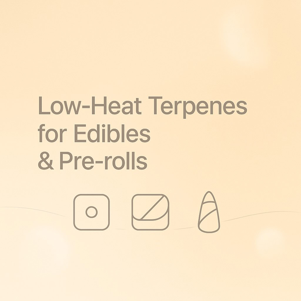 Warm gradient illustration with minimal icons for edibles and pre-rolls showing low-heat terpene applications.