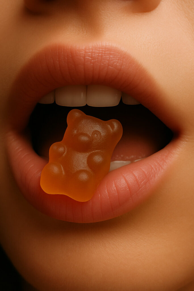 image showing beautiful lady holding a gummy between her lips with a mouth half open