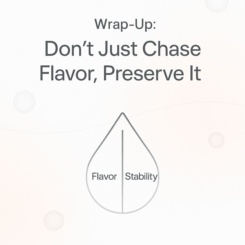Clean gradient graphic featuring a split droplet labeled flavor and stability, emphasizing terpene preservation.