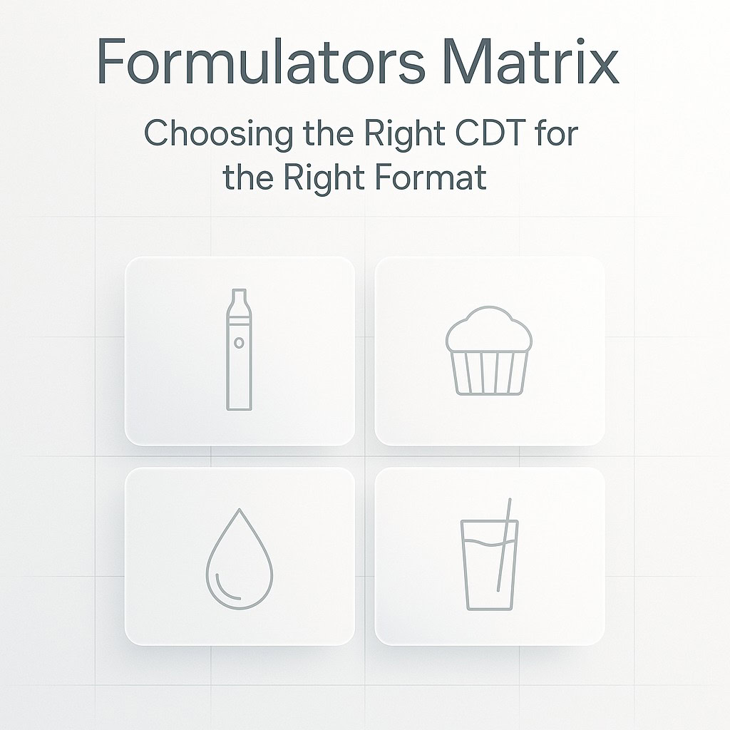 Matrix-style grid with icons for vape, edible, concentrate, and beverage formats to show CDT formulation compatibility.