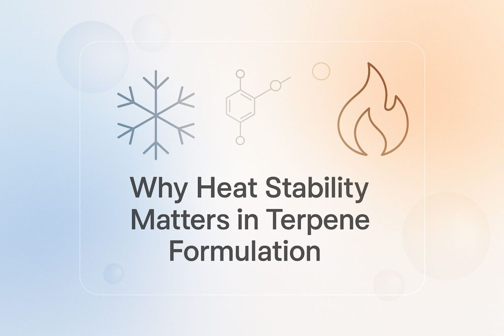 Gradient illustration showing cold and heat icons with a terpene molecule representing heat stability in terpene formulation